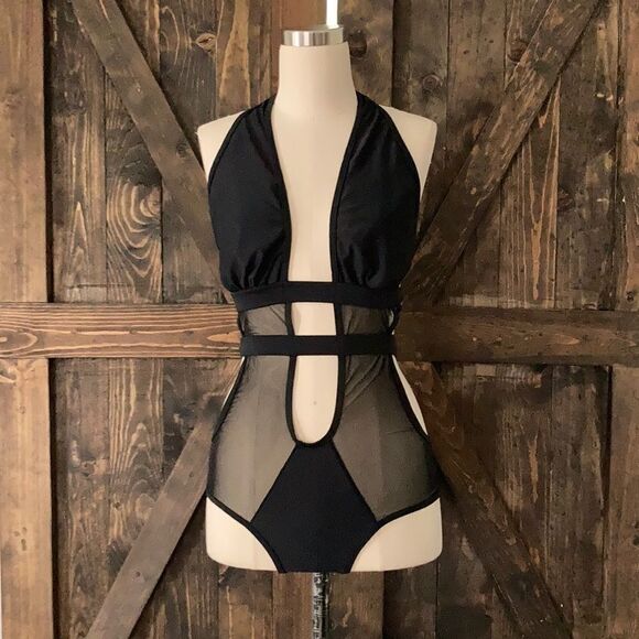 Top melon black strappy monokini Beautiful Open Front Teddy With Halter swimsuit - Picture 2 of 10